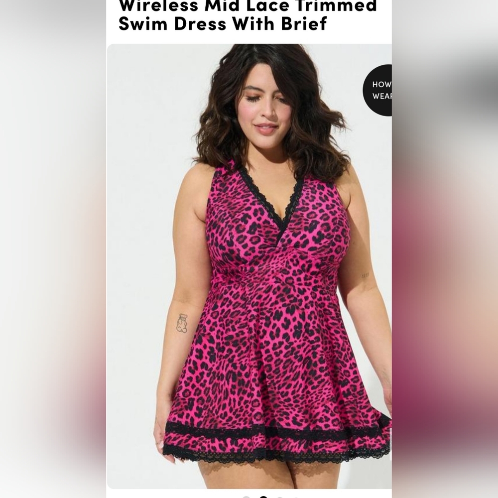 NWT Wireless Mid Lace Trimmed Swim Dress With Brief,Pink Leopard Size 5,30W Plus